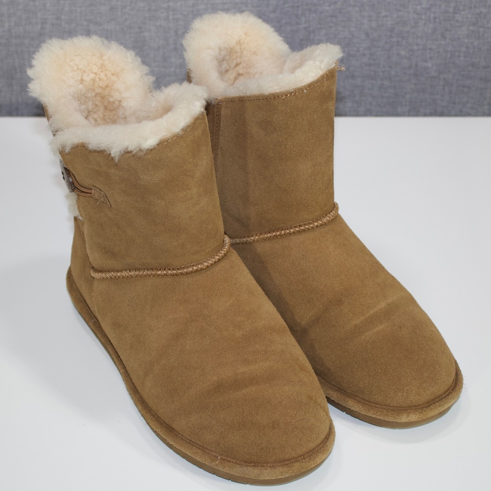 Bearpaw Boot Victoria Women Size 10 Hickory Brown Suede Faux Fur Toggle Button